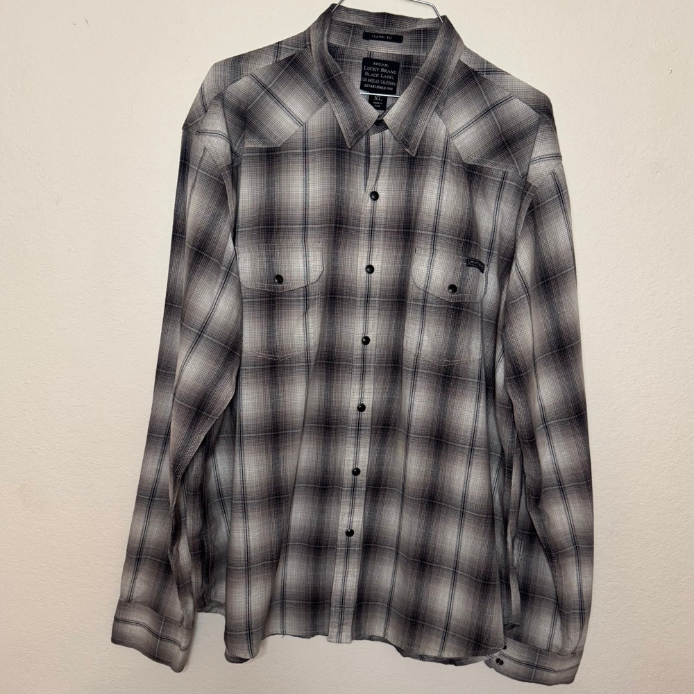 Lucky Brand Black Label Mens XL Y2K Mcbling Plaid Western Pearl Snap Shirt